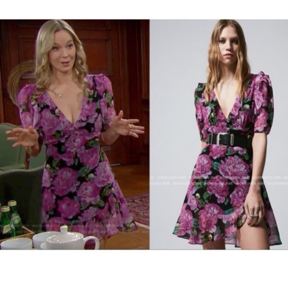 THE KOOPLES Winter Peonies Floral Print Short Sleeve  Ruffled Mini Dress Large - Picture 11 of 14